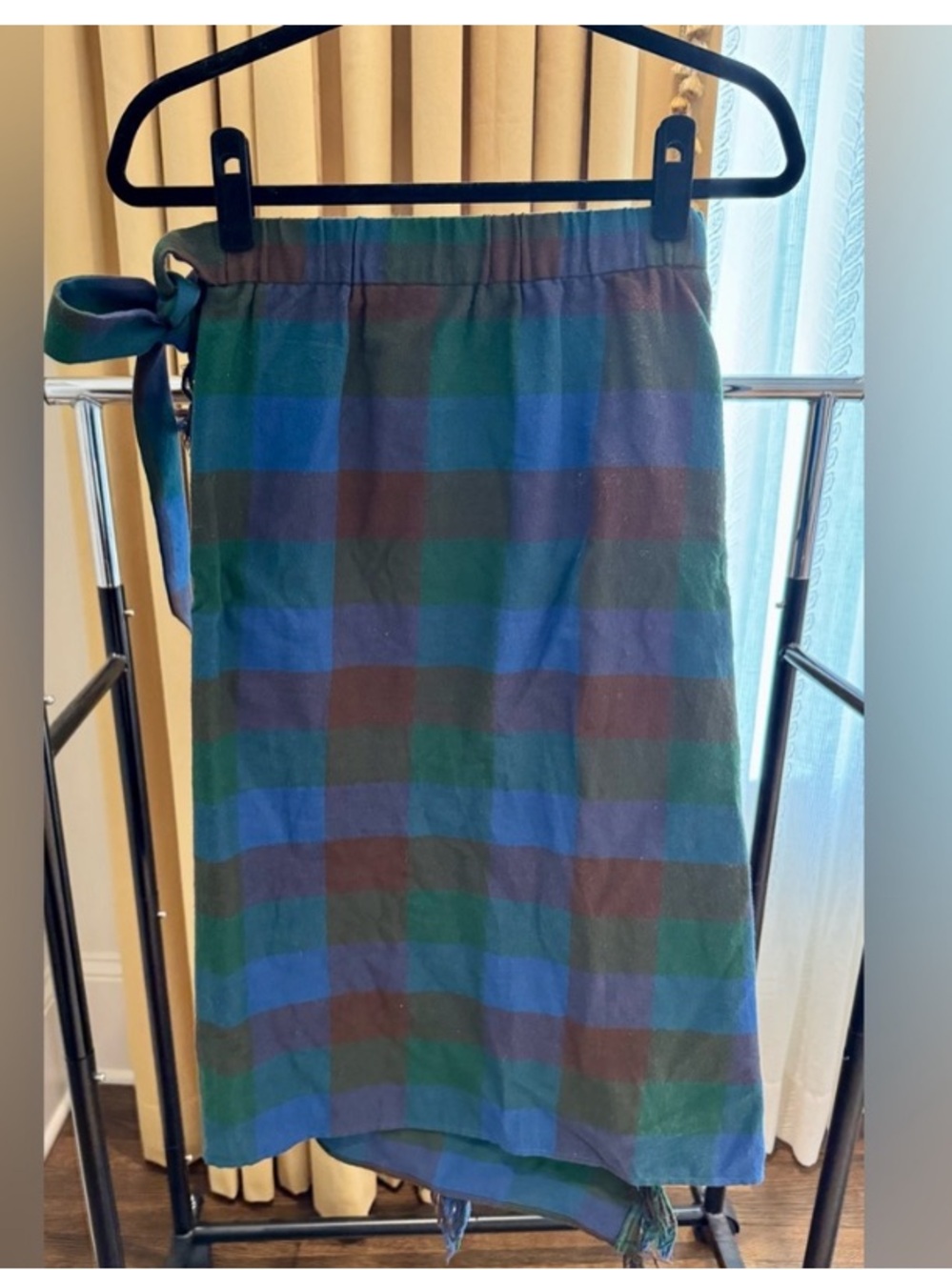 Anthropologie Mare Mare Fringed Wool Plaid Tie Waist Wrap Green Midi Skirt M - Picture 6 of 9